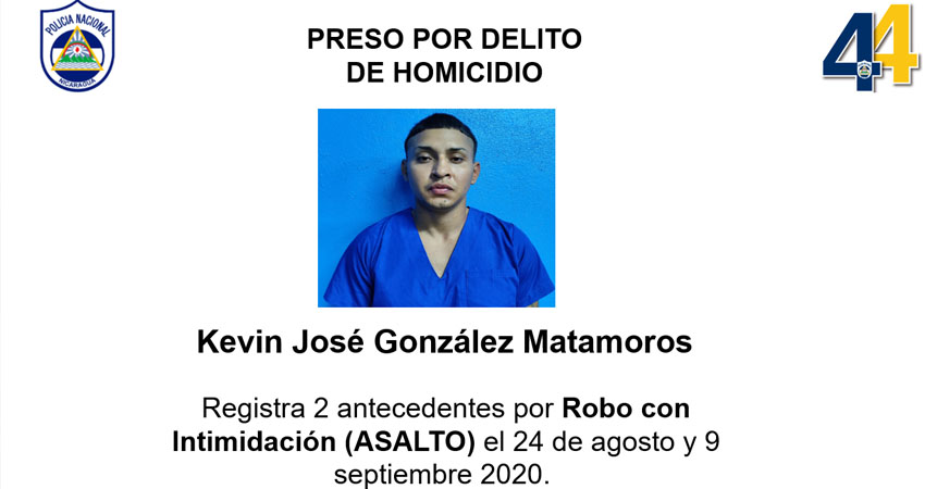 Kevin José González Matamoros acusado de asesinato. Foto: Cortesía/Policía Nacional