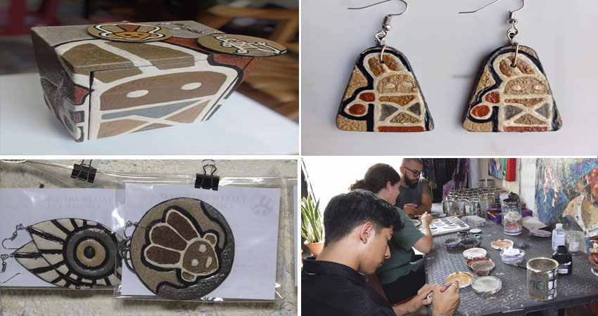 Jóvenes artesanos trabajan con materiales que se desechan como: cerámica, madera y telas. Actualmente trabajan la técnica lítica donde utilizan tierra de colores.